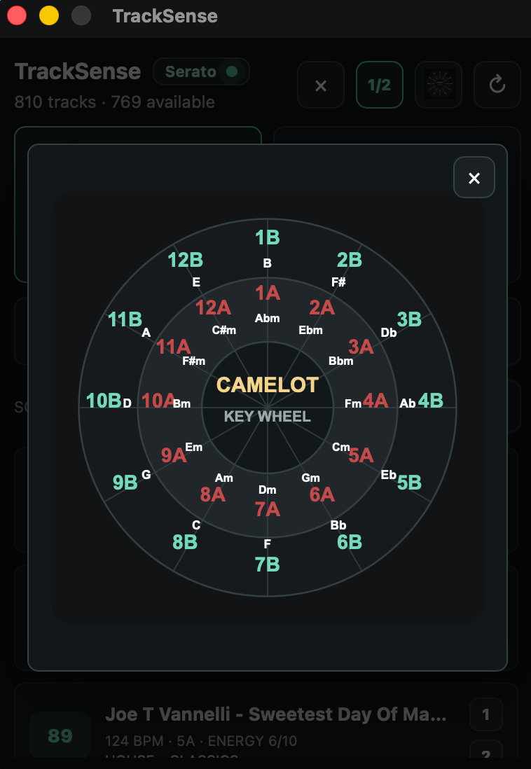 TrackSense built-in Camelot wheel