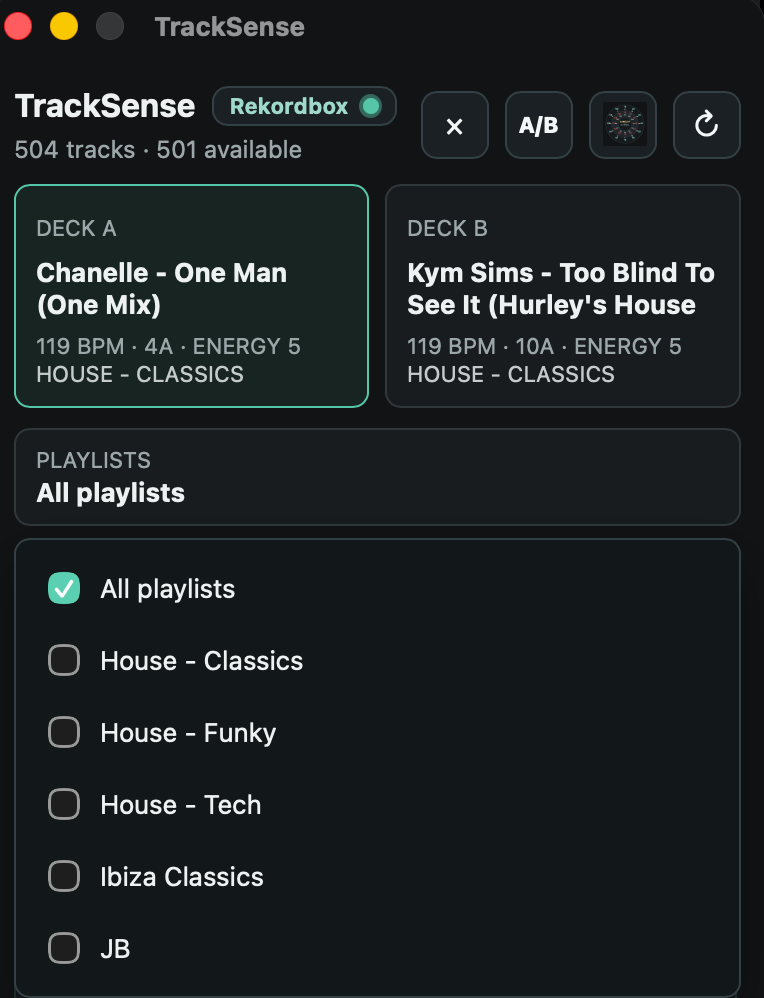 TrackSense filtering recommendations by Rekordbox playlists