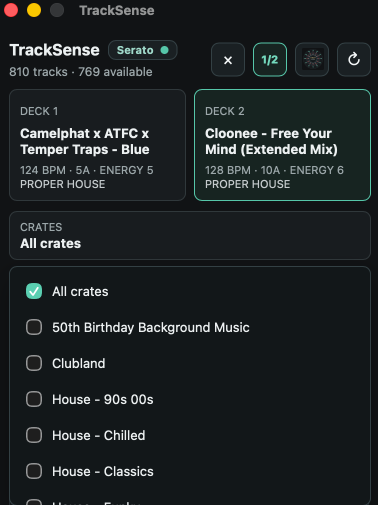 TrackSense filtering recommendations by Serato crates