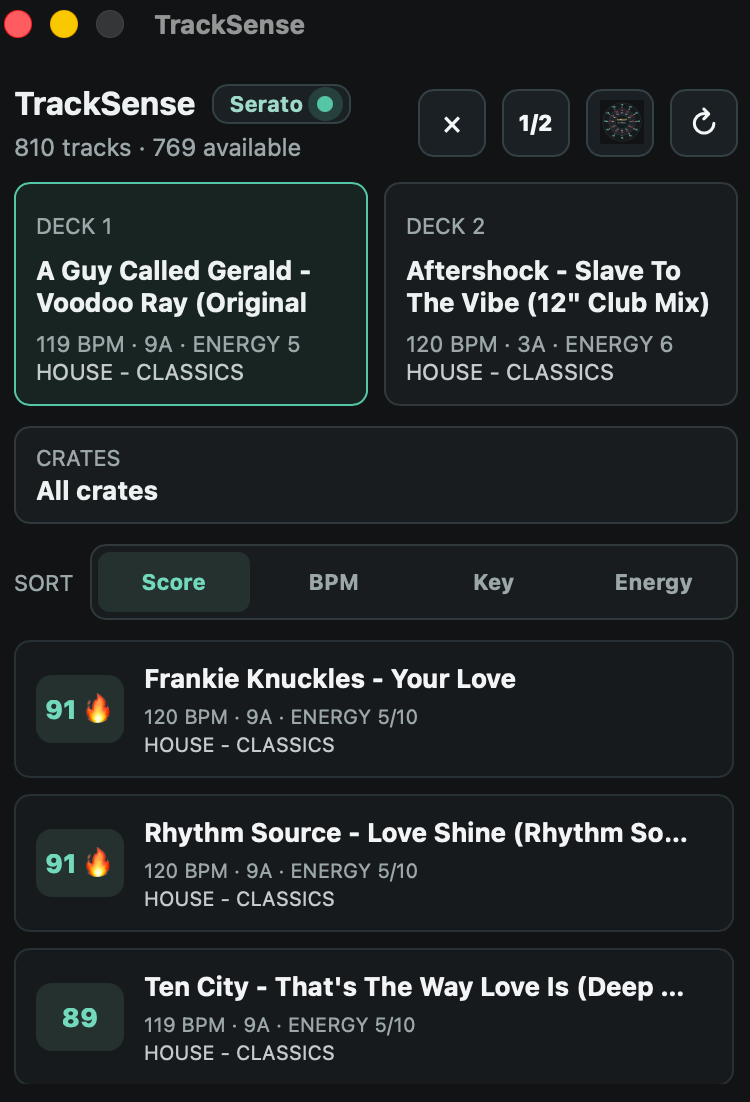 TrackSense detecting Serato